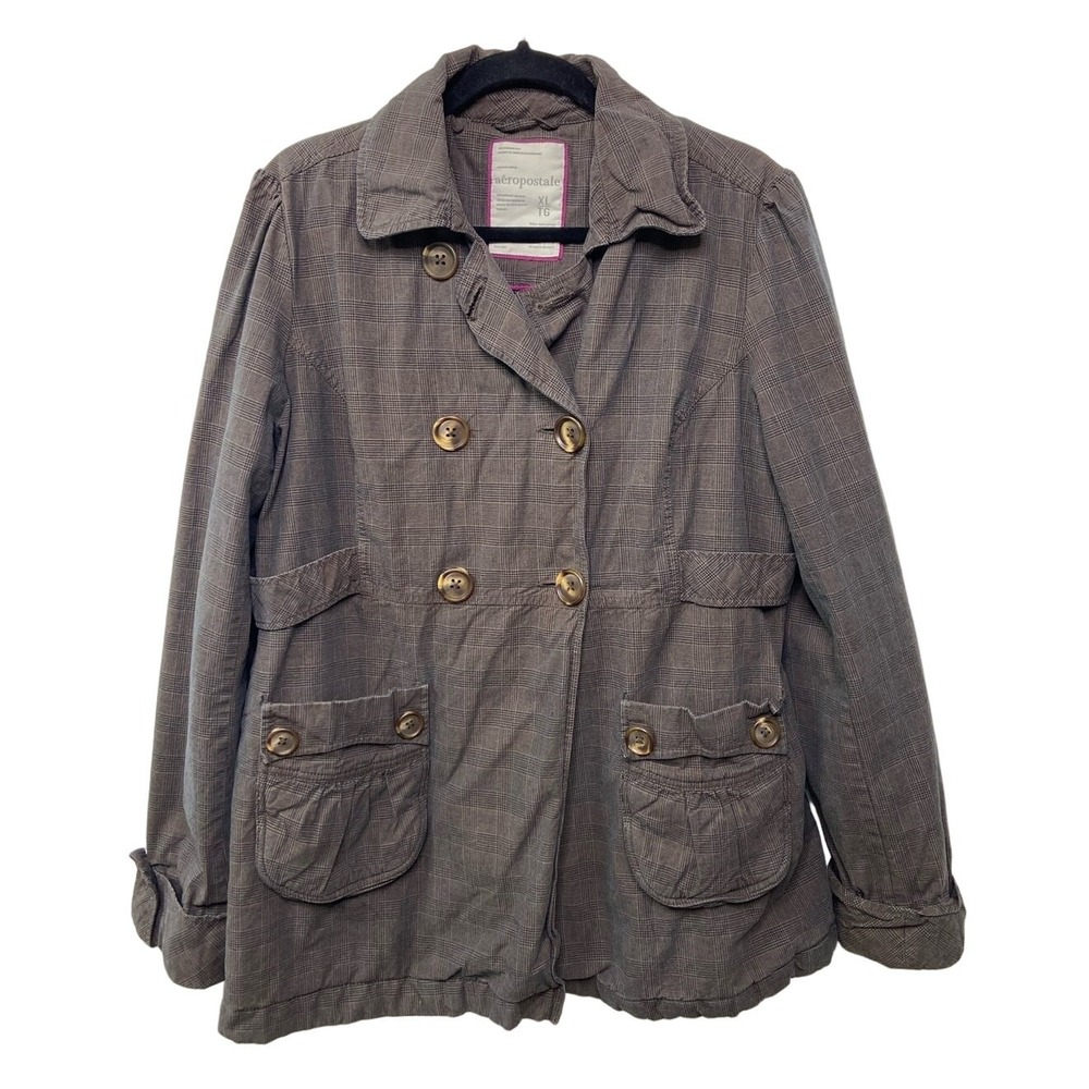 Aeropostale Plaid Peacoat Coat Jacket Long Sleeve Collared Button Front Brown XL